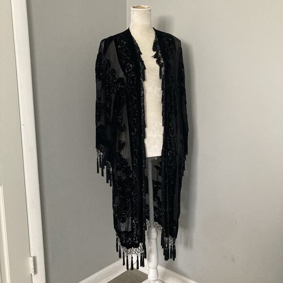 Aris A Vintage 90s Silk Burn out velvet kimono beaded tassel whimsigoth One Size - Picture 2 of 16